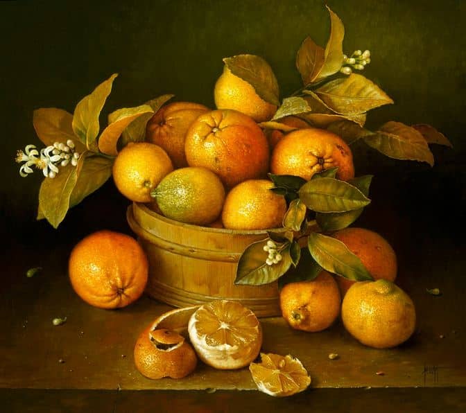 Художник Jose Escofet. Апельсины в деревянной кадке. 51х56 холст масло