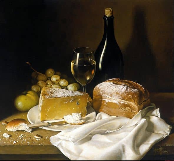 Художник Jose Escofet. Сыр, хлеб и вино. 51х56 холст масло