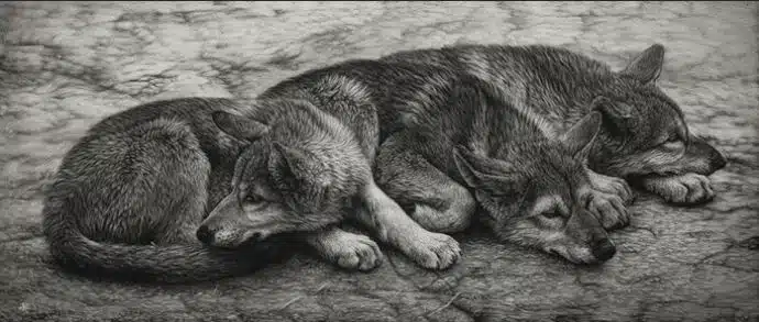 Художница Cristina Penescu.  Граттаж Wolf Pups. 8x20 дюймов