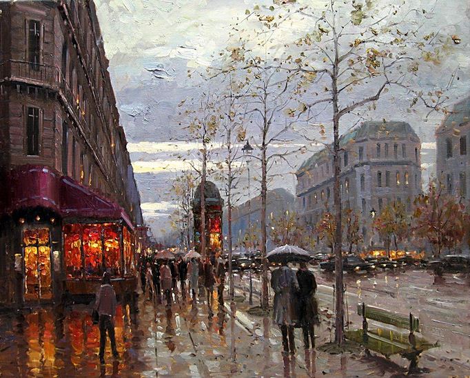 Impressionizm-E.J.Paprocki.-Kartina-Boulevard-St.-Germain-Paris.-24h30-dyuymov-holst-maslo