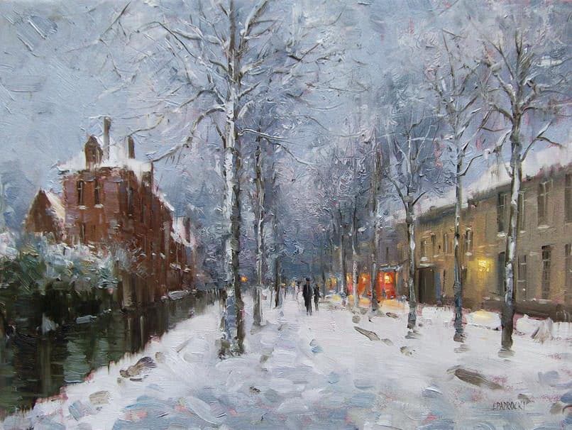 Impressionizm-E.J.Paprocki.-Kartina-Bruges-in-Snow.-13h18-dyuymov-holst-maslo