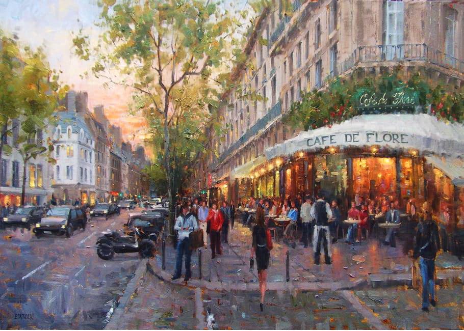  Impressionizm-E.J.Paprocki.-Kartina-Cafe-de-Flore-Paris.-24h36-dyuymov-holst-maslo