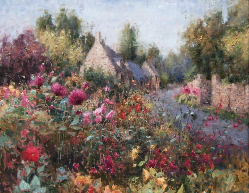  Impressionizm-E.J.Paprocki.-Kartina-English-Garden-Chipping-Campden.-36h48-dyuymov-holst-maslo