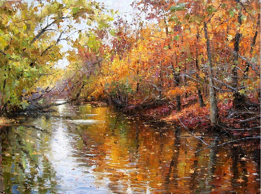 Impressionizm-E.J.Paprocki.-Kartina-River-in-Autumn.-36h48-dyuymov-holst-maslo