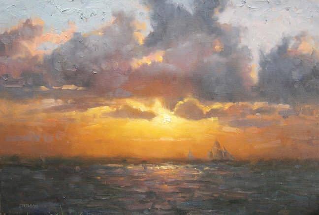  Impressionizm-E.J.Paprocki.-Kartina-Ships-at-Sunset.-16h24-dyuyma-holst-masl