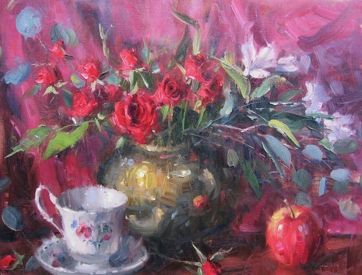  Impressionizm-E.J.Paprocki.-Kartina-Tea-Roses.-16h20-dyuymov-holst-maslo