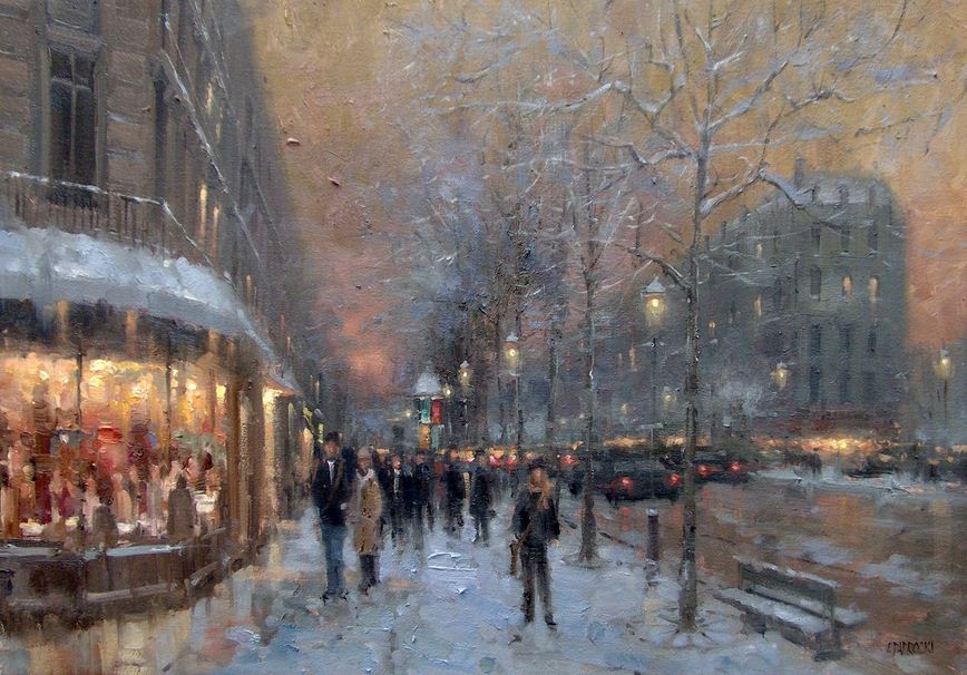 Impressionizm-E.J.Paprocki.-Kartina-Winter-Evening-St.-Germain-Paris-.-16h24-dyuyma-holst-maslo.