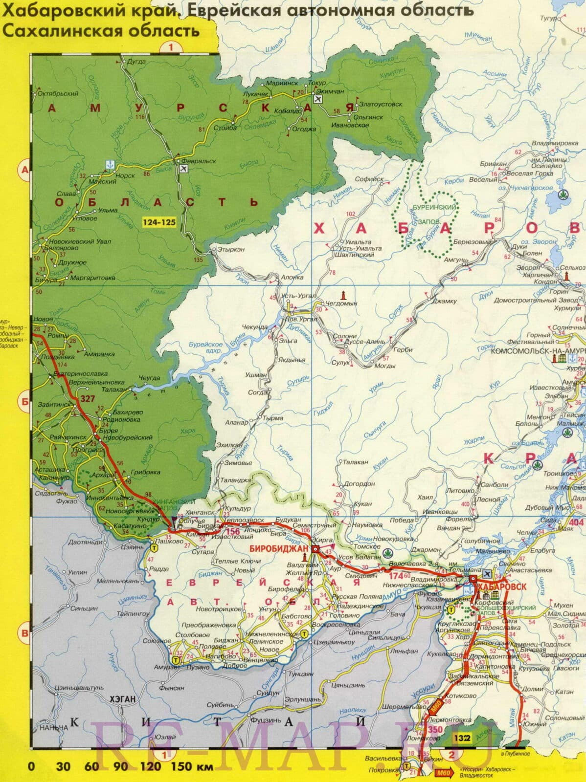 Карта дорог с расстояниями Еврейской автономной области и Хабаровского края
