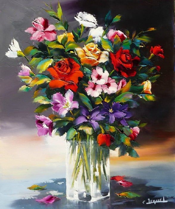Christian Jequel. Картины мастихином. Bouquet de roses. 55х46