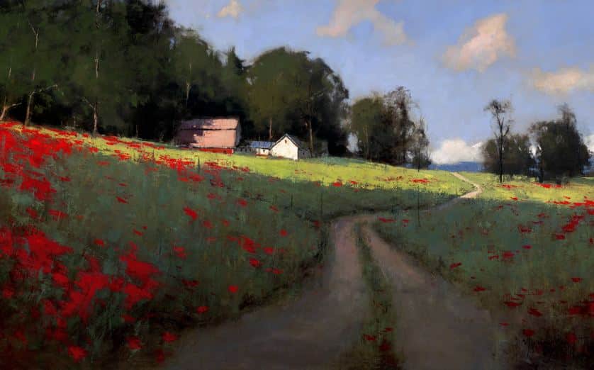 Romona Youngquist. Американский пейзаж в живописи. Hillside Poppies. 40х72 дюйма. Масло.