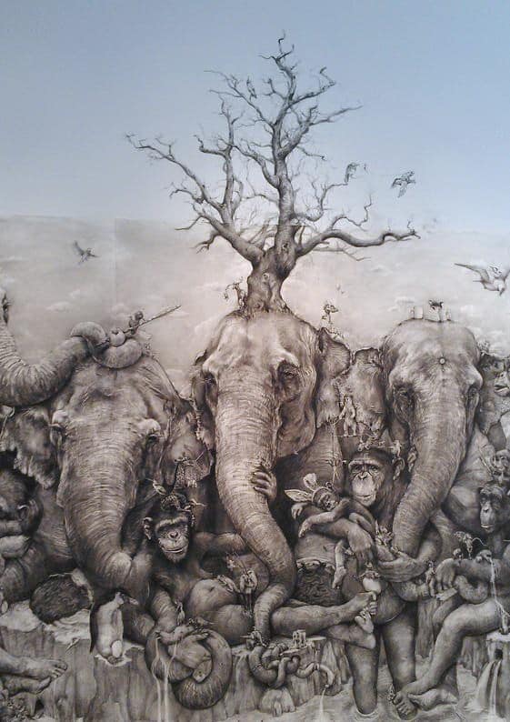 ArtPrize 2012. Adonna Khare и ее большие рисунки. Слоны. Дорисованное на стене в центре