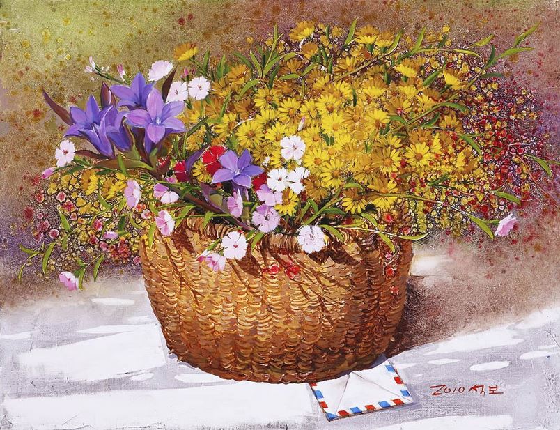 Корейский художник Yi Seong-bu. Натюрморт с цветами. Картина третья