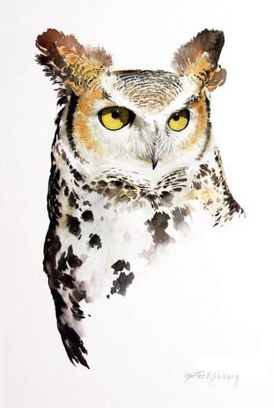 Morten E. Solberg. Животные акварелью. Great Horned Owl Portrait