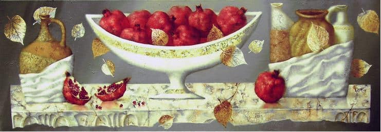 Павел Антипов и его философские картины. Натюрморт с гранатами. 40х120 Холст, масло 2004
