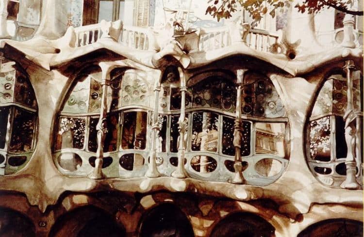 Архитектор-акварелист Paul Dmoch. Facade - fragment, Casa Battlo,  Barcelona
