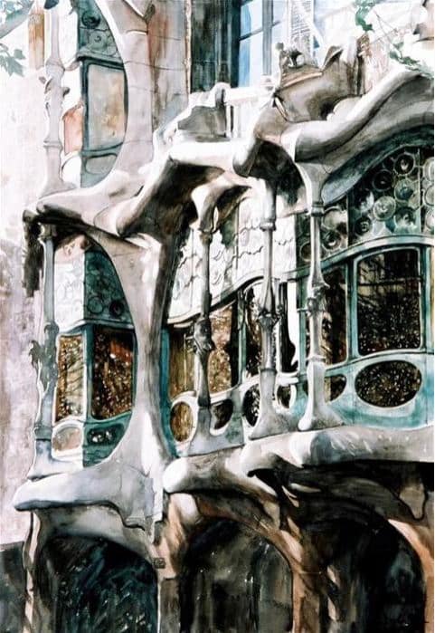 Архитектор-акварелист Paul Dmoch. Facade - fragment, Casa Battlo, Barcelona