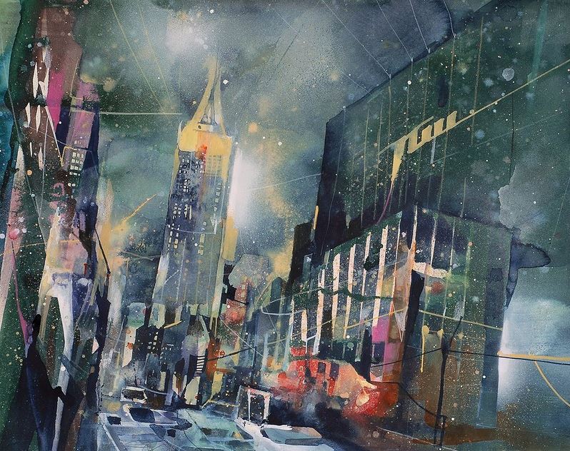 Bernhard Vogel. Городской пейзаж акварель. N.Y. 34th street by rain