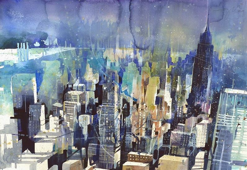 Bernhard Vogel. Городской пейзаж акварель. New York, Rainy day
