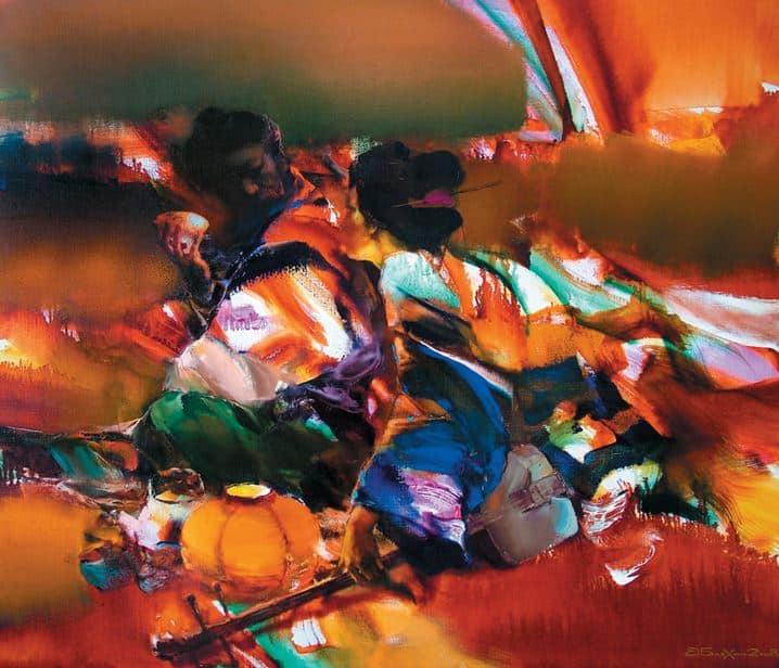 Валерий Блохин. Яркая живопись на грани абстракции. Воин и гейша. 90х105 холст масло