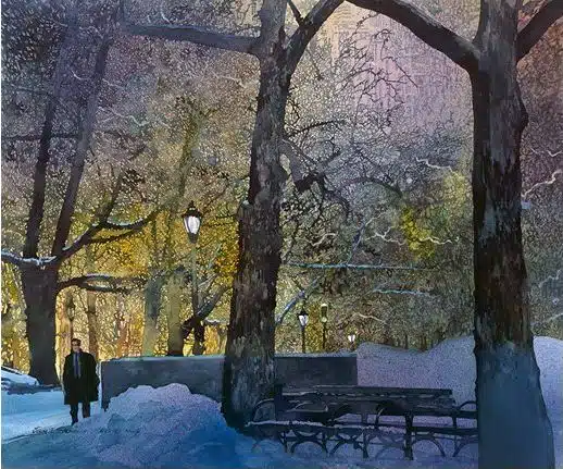 John Salminen. Картины акварелью. Зима в Центральном парке. 25х30 дюймов